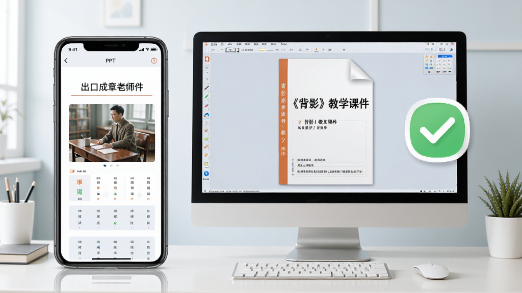 电脑和手机并排展示,手机上是“出口成章老师”的课件预览界面,电脑屏幕上显示导出的PPT文件,文件标题写着“《背影》教学课件”,旁边有导出成功的勾选图标,整体色调柔和,办公桌面干净整洁,画质清晰
