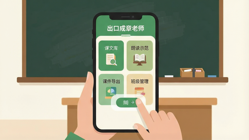 一张展示语文老师日常备课场景的插画,画面中央是手机屏幕,屏幕上清晰显示“出口成章老师”应用的主界面,界面布局分为课文库、朗读示范、课件导出、班级管理四个板块,配色以护眼绿和暖白为主,老师的手指点在朗读按钮上,背景是教室黑板和粉笔盒,风格简洁扁平,画质干净,无多余元素