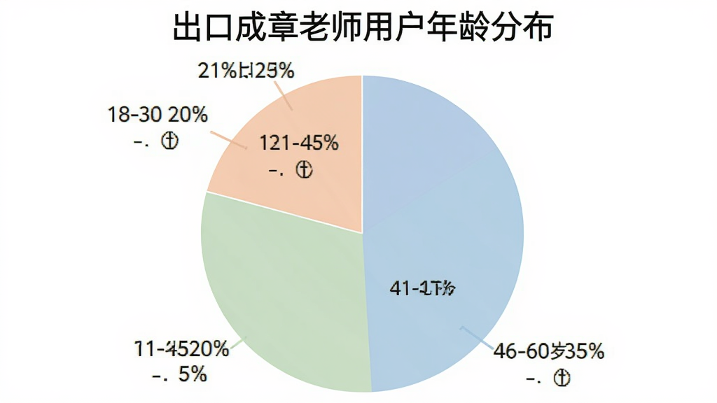 一张饼状图,标题为“出口成章老师用户年龄分布”,图表显示18-30岁占比20%,31-45岁占比45%,46-60岁占比35%,配色柔和,数据标签清晰,背景白色,画质干净,无多余元素