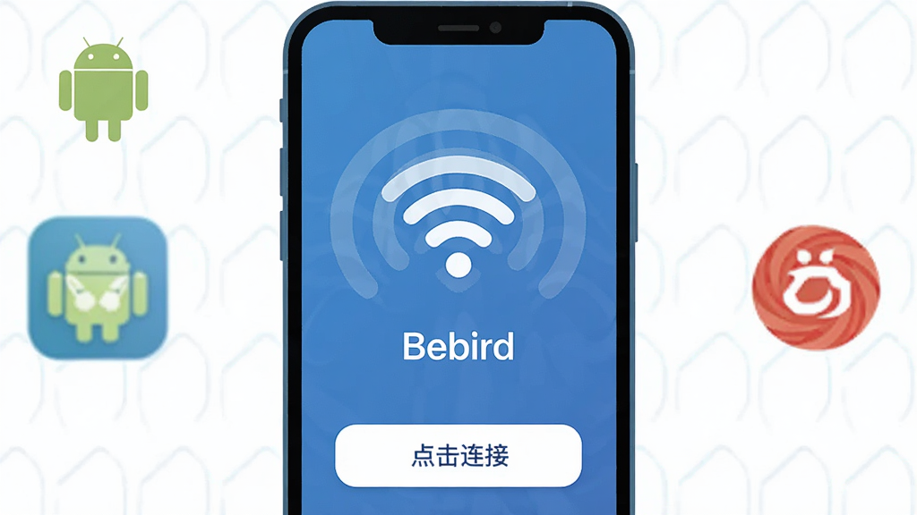 һ��չʾBebird App�������������ͼ���������ֻ���Ļ����Ļ����ʾ��WiFi�ź�ͼ���Bebird�豸���ƣ��·��С�������ӡ��İ�ť������Ϊ�ֻ���Ļ���У���Χ�а�׿�ͺ���ϵͳ��LogoСͼ�ꡣ���Ϊ��ƽ���Ƽ��廭��ϸ����WiFi�ź��в�����ɢЧ�������ʸɾ����޶���Ԫ�ء�