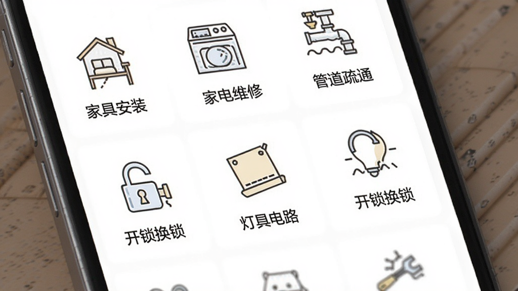 万师傅App服务分类页面,手机屏幕显示各种家居服务图标网格,包括“家具安装”、“家电维修”、“管道疏通”、“开锁换锁”、“灯具电路”等,每个图标配有简洁的线条插画,背景为纯白色,图标排列整齐,风格统一扁平化,画质干净清晰,无多余元素。