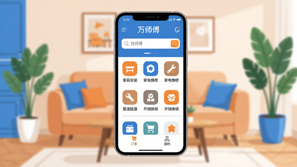 万师傅App主界面全貌展示,画面中央放置一部智能手机,手机屏幕显示“万师傅”App的首页,顶部是搜索栏“找师傅”,中间是家具安装、家电维修、管道疏通、开锁换锁等分类图标,底部是订单和我的页面。背景是温馨的家居环境客厅场景,有沙发和绿植,整体风格现代扁平化,色彩以蓝白为主,点缀橙色图标,画质清晰干净,无多余元素。