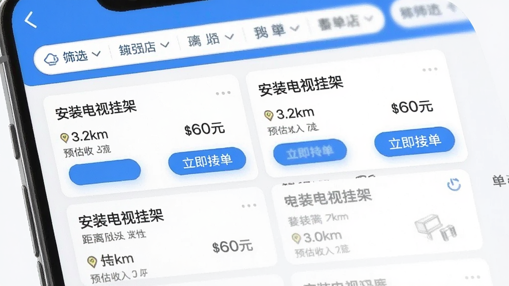 万师傅App师傅端接单大厅,手机屏幕显示附近的订单列表,每个订单卡片上有服务类型“安装电视挂架”、距离“3.2km”、预估收入“60元”和“立即抢单”按钮,顶部有筛选栏,界面风格简洁实用,蓝白配色,画质干净,无多余元素。