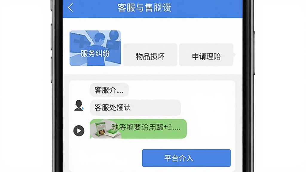 万师傅App客服与售后页面,手机屏幕显示一个投诉处理进度页面,上面有“服务纠纷”、“物品损坏”、“申请理赔”等选项,下方有客服聊天窗口和“平台介入”按钮,界面风格正式但不压抑,蓝白灰配色,画质干净,无多余元素。