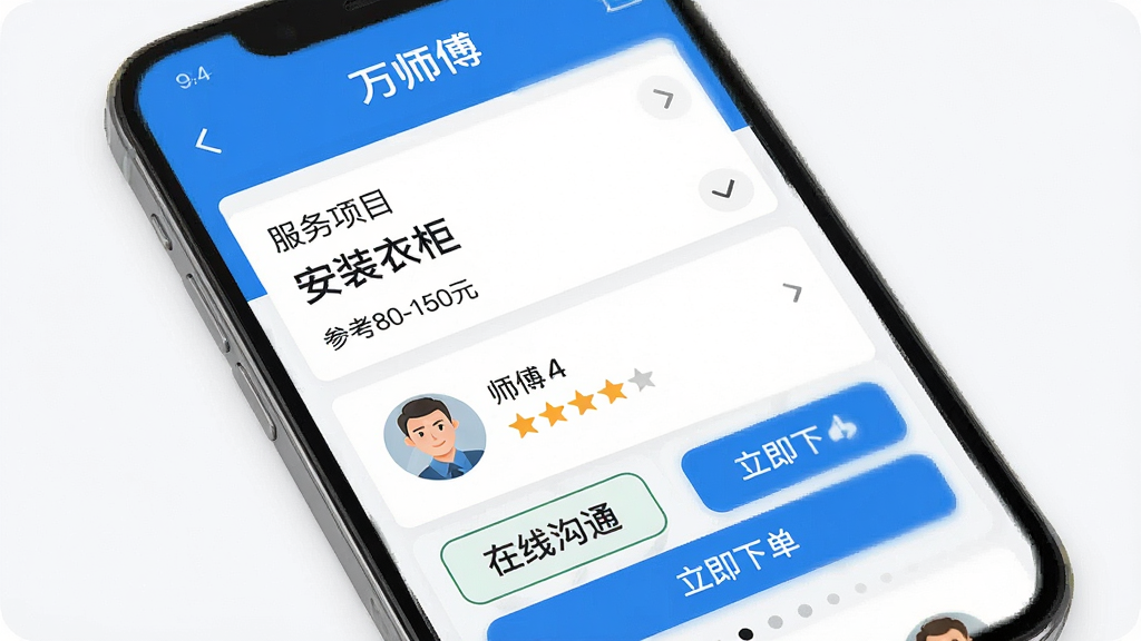 万师傅App订单报价页面,手机屏幕显示一个订单详情,上面有服务项目“安装衣柜”、参考价格区间“80-150元”、师傅头像和评分、以及“在线沟通”和“立即下单”按钮,界面简洁,信息层级清晰,蓝白配色,画质干净,无多余元素。