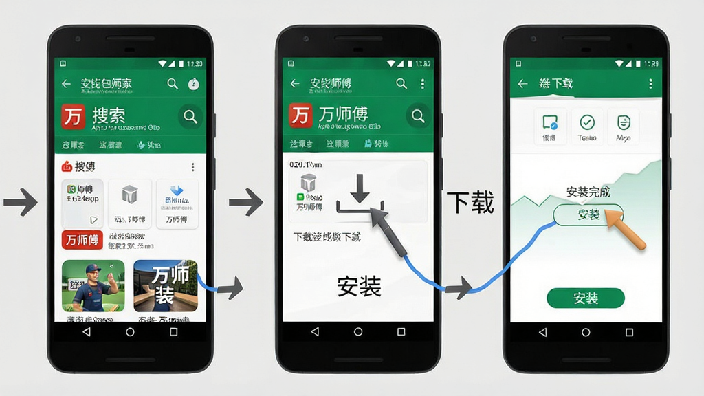万师傅App安装教程示意图,画面展示一部安卓手机,屏幕上显示从应用商店搜索“万师傅”到点击安装完成的三个步骤截图,每个步骤有简洁的箭头引导和文字标注“搜索”、“下载”、“安装”,背景为浅灰色,风格清爽直观,画质干净,无多余元素。