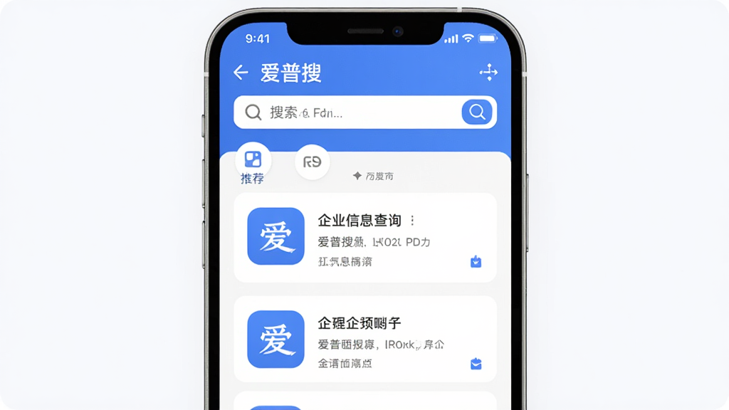 �ֻ�Ӧ���̵��Ƽ�ҳ��չʾ�������ѡ�App���ؽ��棬����Ϊ�ֻ���Ļ��ʾ��ҵ��Ϣ��ѯ�б��������򣬲��ֲ������½ṹ���Ű�������࣬���Ϊ�ִ���ƽ����ƣ�ϸ�ڰ�����ɫ��ɫ����Բ��ͼ�ꡢ��ҵ��Ƭʽչʾ�����ʸ��塢�ɾ����޶���Ԫ��