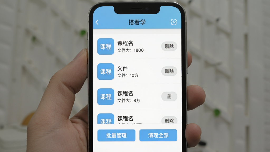 ����ѧApp���߻���������棬�ֻ���Ļ��ʾ������ѧ�����������·����ѻ���γ��б���ÿ������γ����ơ��ļ���С��ɾ����ť���ײ��С������������͡�����ȫ������ť�������԰�ɫ��ǳ��ɫΪ����ͼ���࣬�Ű����룬���������޶���Ԫ��