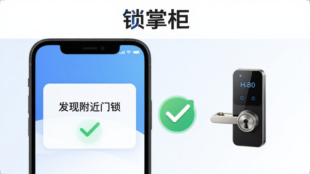 锁掌柜App一键绑定门锁功能展示,画面中手机屏幕显示“发现附近门锁”的提示框,旁边有一把智能门锁的图标,背景是简洁的蓝白渐变,中间有连接成功的绿色对勾,风格清爽,画质干净,文字“锁掌柜”出现在顶部