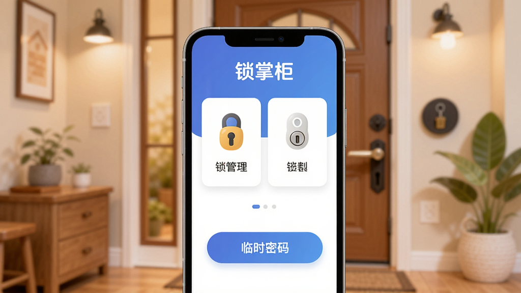 锁掌柜App主界面展示,画面中央是一部智能手机,屏幕上显示锁掌柜应用的主页,顶部有“锁掌柜”文字标识,中间是门锁管理卡片和临时密码按钮,背景是温馨的家庭入户门场景,风格现代扁平,细节圆润,画质干净无多余元素