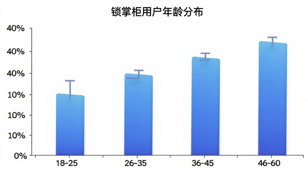 锁掌柜用户年龄分布柱状图,横轴为年龄段18-25、26-35、36-45、46-60,纵轴为用户占比百分比,柱状颜色为蓝色渐变,图表标题为“锁掌柜用户年龄分布”,背景白色,风格数据可视化,画质清晰无多余元素