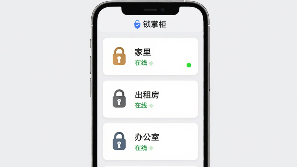 锁掌柜多锁管理界面,手机屏幕显示三张门锁卡片垂直排列,分别标注“家里”“出租房”“办公室”,每张卡片有门锁图标和在线状态,顶部有“锁掌柜”标识,背景是浅灰色,风格简约商务,画质干净无多余元素
