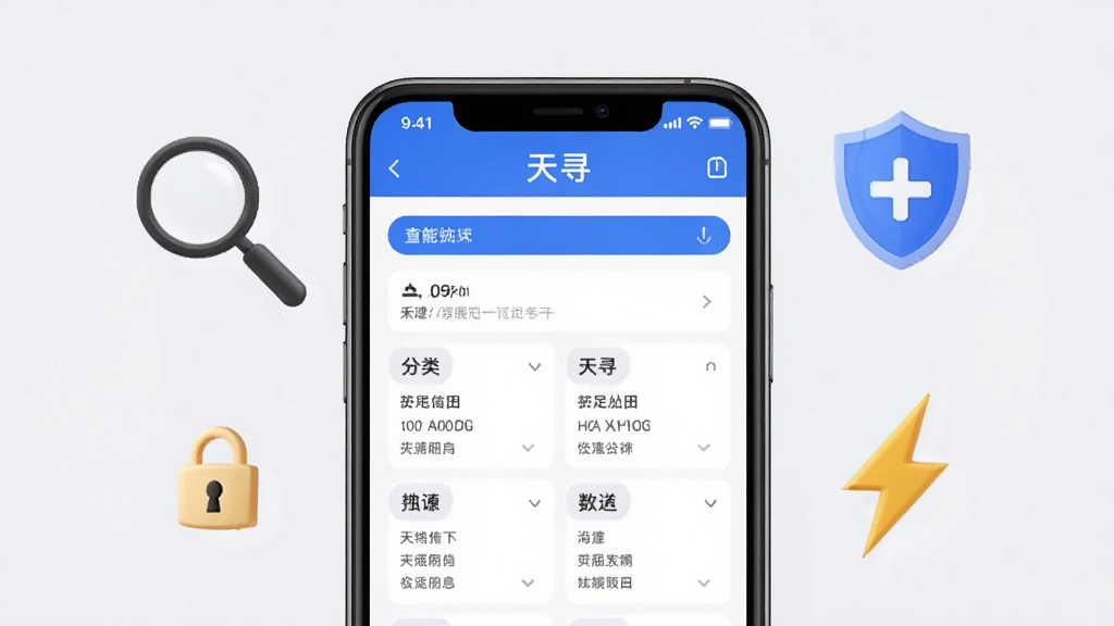 天寻App功能特色展示图,画面中央是手机屏幕显示“天寻”查询结果页面,信息分类清晰,周围环绕放大镜、盾牌、闪电等图标元素,背景为浅灰色,风格简洁商务,画质干净无多余元素