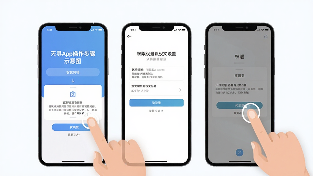天寻App操作步骤示意图,手机屏幕显示安装向导和权限设置界面,画面中有手指点击的示意,背景简洁,风格扁平化,画质清晰干净无多余元素
