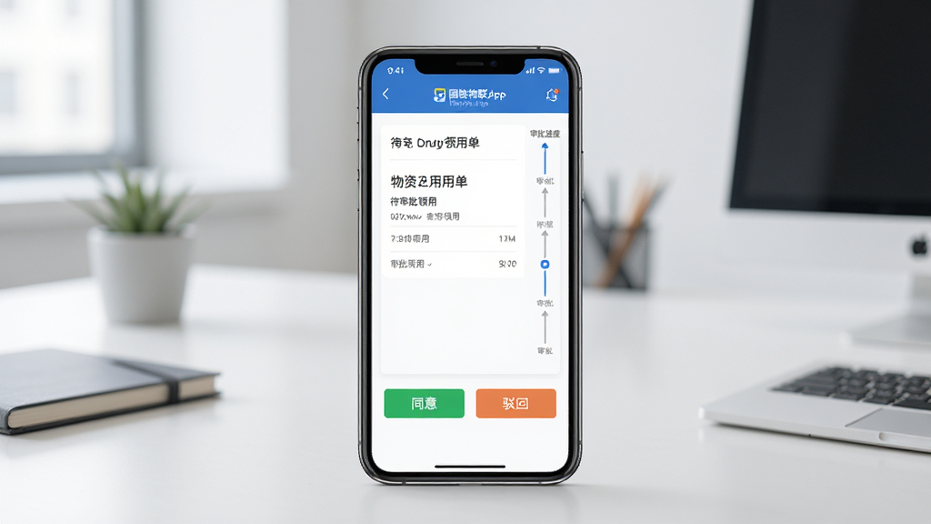 国铁物联App的审批流程界面展示,手机屏幕中央显示一条待审批的物资领用单,下方有同意和驳回按钮,旁边有审批进度时间轴,背景是简洁的办公室桌面,风格现代扁平,画质干净,无多余元素