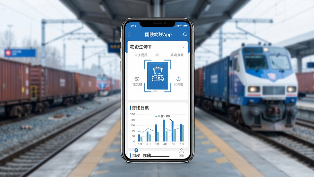 一张展示国铁物联App主要功能的手机界面合集图,画面中央是一部现代智能手机,屏幕上显示着铁路物资管理App的主页,包含物资列表、扫码入口和统计图表,背景是简洁的铁路货运站台虚化场景,风格写实商务,色彩以蓝色和白色为主调,细节清晰,画质干净,无多余元素