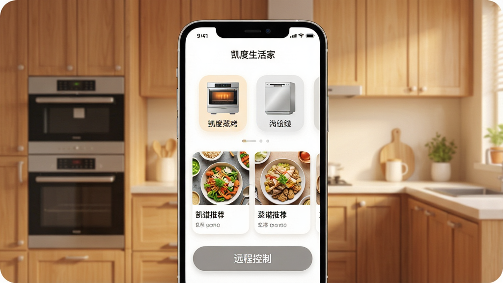 ����������һ�������ֻ�����Ļ��ʾ����������ҡ�App�����棬�Ϸ��п��������䡢ϴ������豸ͼ���������У��·��ǲ����Ƽ���Ƭ��Զ�̿��ư�ť����������ů�������ִ�������������Ƕ��ʽ�����ľ�ʳ��������Ű�������������ִ���ƽ��ϸ��Բ�󣬻��ʸɾ����޶���Ԫ�ء�