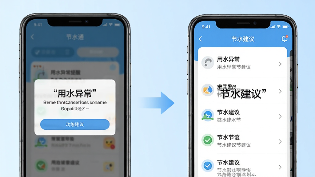 节水通 功能展示图 画面左侧是手机显示用水异常提醒弹窗 右侧是手机显示节水建议列表 中间用箭头连接 背景是浅蓝色渐变 风格简洁清爽 文字用引号标注“用水异常”“节水建议” 画质干净 无多余元素