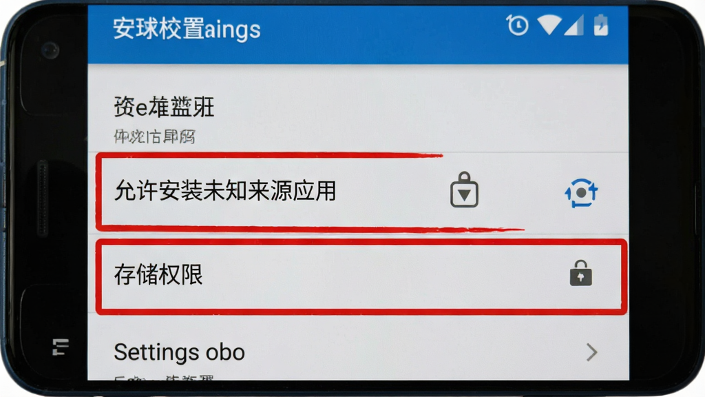 节水通 安装设置界面示意图 画面展示安卓手机设置页面 高亮标注“允许安装未知来源应用”和“存储权限”两个选项 用红色方框圈出 背景是手机系统设置菜单 风格写实 画质清晰 无多余元素