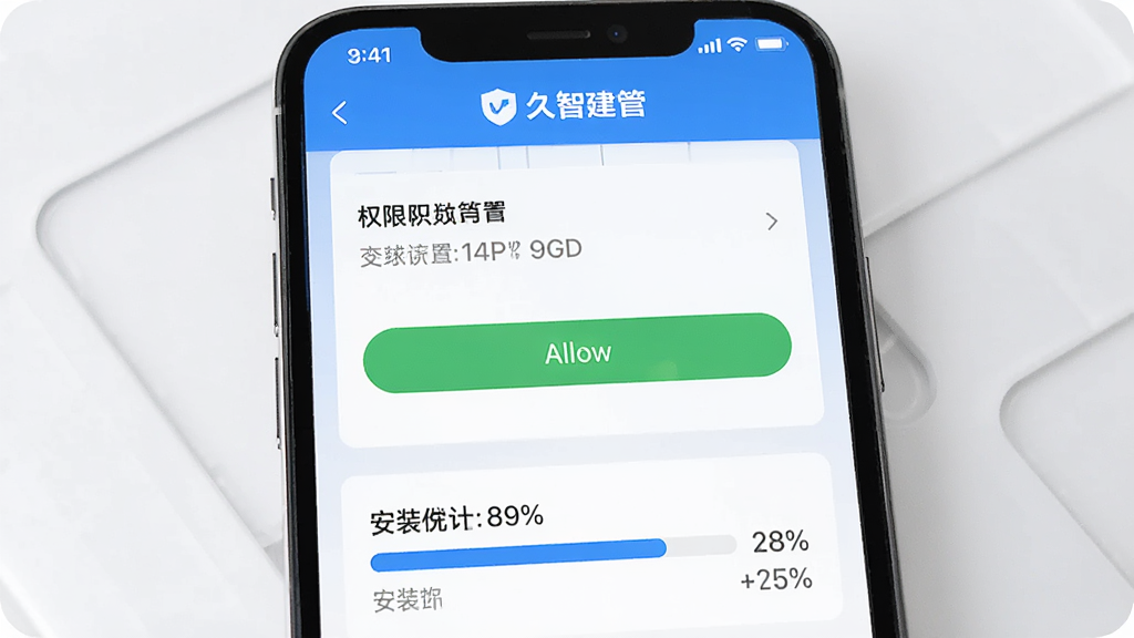 �������ֻ���Ļ��ʾ���ǽ���App��Ȩ�����ý���Ͱ�װ������������Ϊ���½ṹ���Ű����������дʵ�Ƽ��У�ϸ������ʾ������ť�ͽ��Ȱٷֱȣ����ʸɾ��޶���Ԫ��