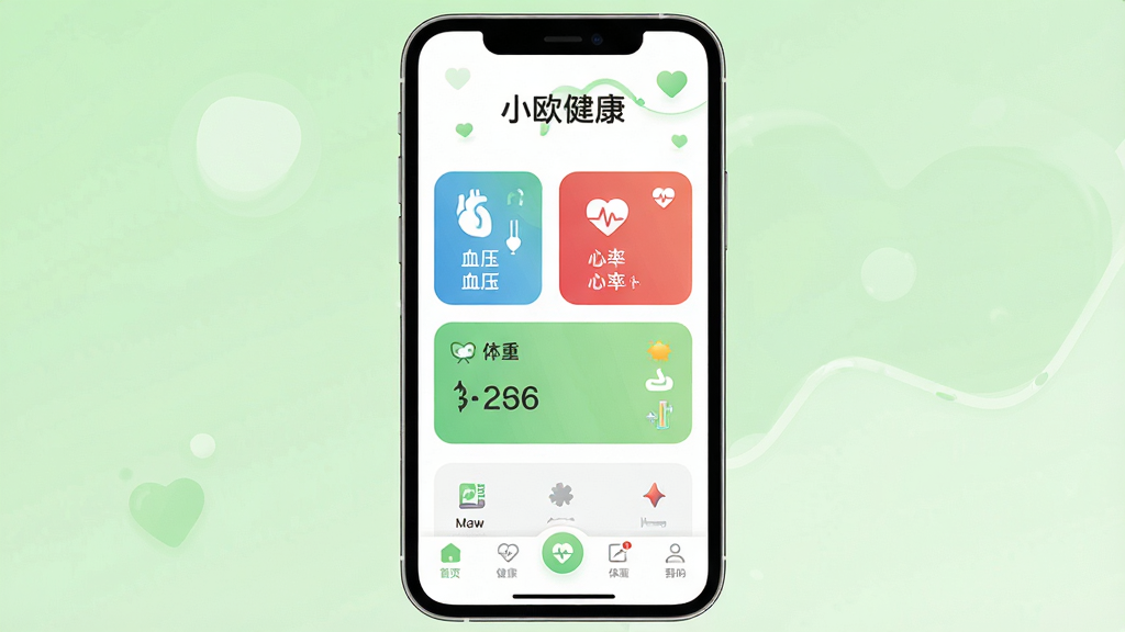 Сŷ����App�������ͼ����������չʾ�ֻ���Ļ����Ļ������ˬ�Ľ������ݿ��壬�Ϸ���ʾ��Сŷ���������ֱ�ʶ���м���Ѫѹ�����ʡ����ص����ݿ�Ƭ���ײ������������������԰�ɫ��ǳ��ɫΪ��ɫ������ƽ����Ʒ��Բ��ͼ�꣬���ʸɾ����޶���װ��Ԫ��