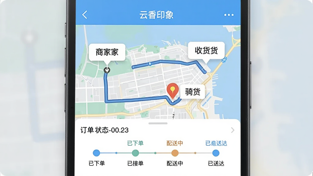 һ��չʾ����ӡ��APP��������׷�ٽ�����ֻ���ͼ����������һ����ͼ�켣ͼ���������̼�λ�á�����λ�ú��ջ���ַ�ı�ǣ��·��Ƕ���״̬ʱ���ᣬ��ʾ���µ����ѽӵ��������С����ʹ�Ƚڵ㣬������ֱ�����ˣ���ɫ��ˬ�����ʸɾ�