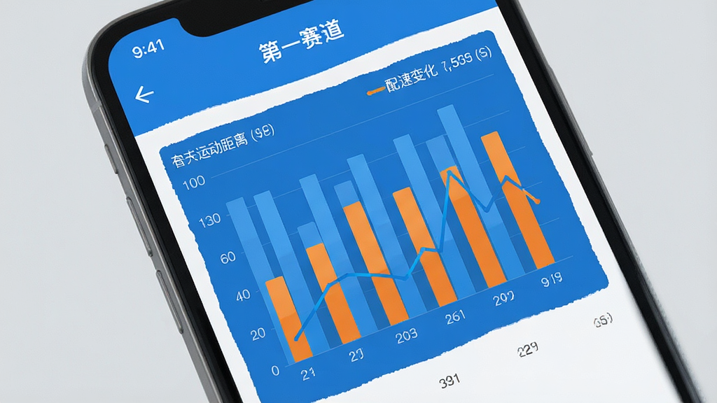 一张展示“第一赛道”应用内运动数据统计页面的图片,画面主体是手机屏幕,屏幕内显示柱状图和折线图展示一周运动距离和配速变化,图表颜色以蓝色和橙色为主,界面简洁无广告横幅,背景是纯色浅灰,风格现代扁平,细节清晰,画质干净,无多余元素