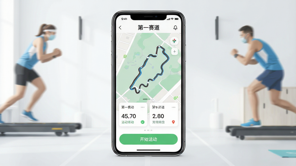 一张展示手机运动记录应用主界面的图片,画面中央是一部竖屏手机,屏幕内显示“第一赛道”应用界面,界面顶部有“第一赛道”文字标识,中部展示地图轨迹路线和运动数据卡片,底部有开始运动按钮,背景是简洁的浅色运动场景,风格现代扁平化,细节清晰,画质干净,无多余元素