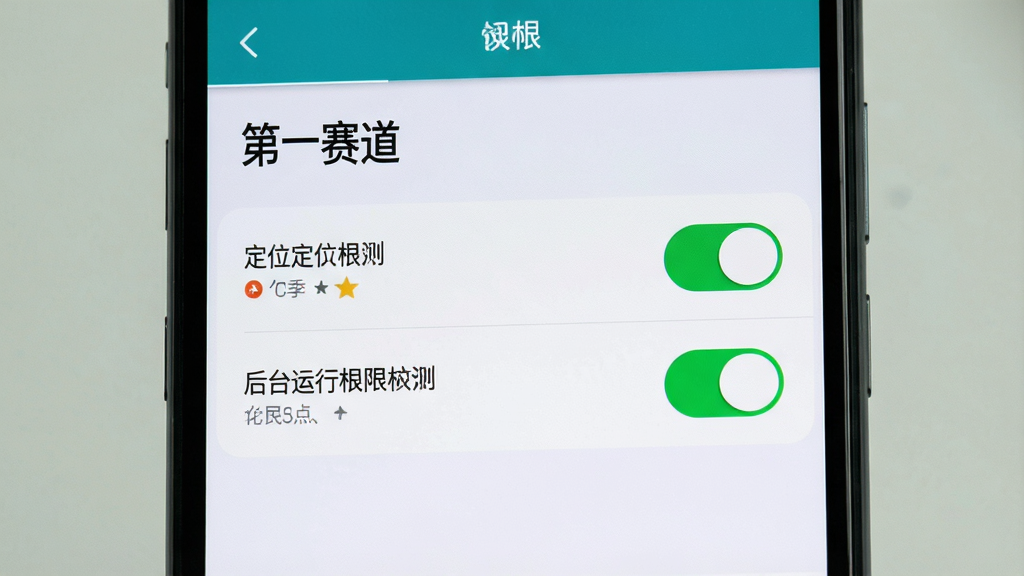 一张展示手机屏幕上“第一赛道”应用权限设置界面的图片,画面主体是手机屏幕,屏幕内显示定位权限和后台运行权限的开关按钮,开关处于打开状态,界面文字清晰可读,背景是简洁的浅色设置页面,风格写实,细节清晰,画质干净,无多余元素
