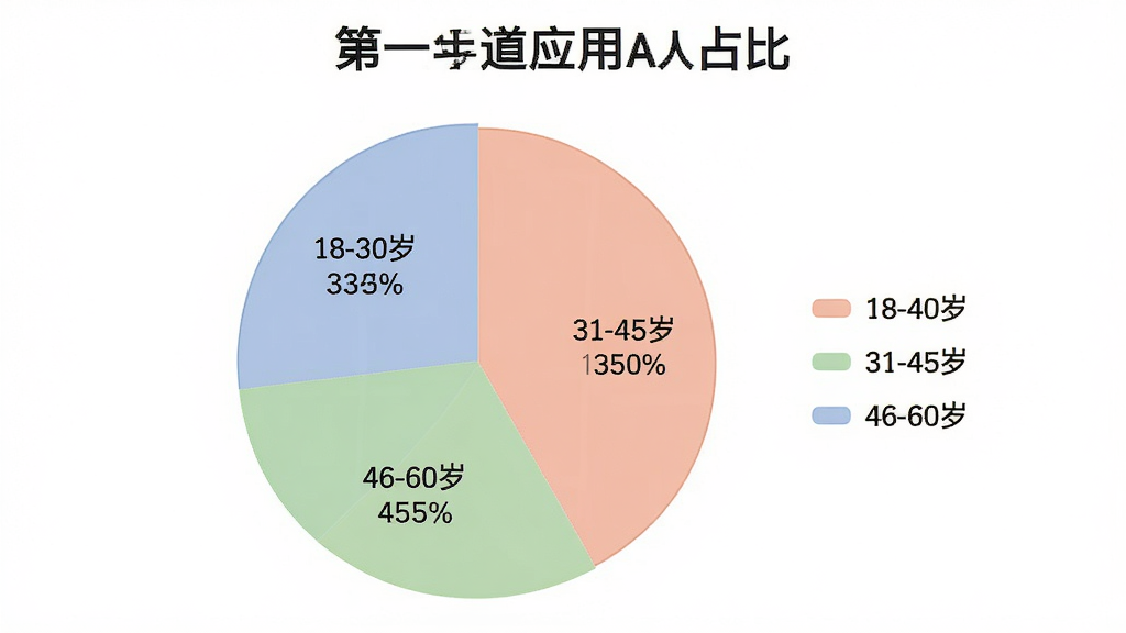 一张展示不同年龄段用户使用“第一赛道”应用人数占比的饼状图图片,画面主体是一个圆形饼图,饼图分为多个扇形区域,分别标注18-30岁、31-45岁、46-60岁等年龄段及对应百分比,饼图颜色柔和区分明显,旁边有图例说明,背景是白色,风格简洁数据可视化,细节清晰,画质干净,无多余元素