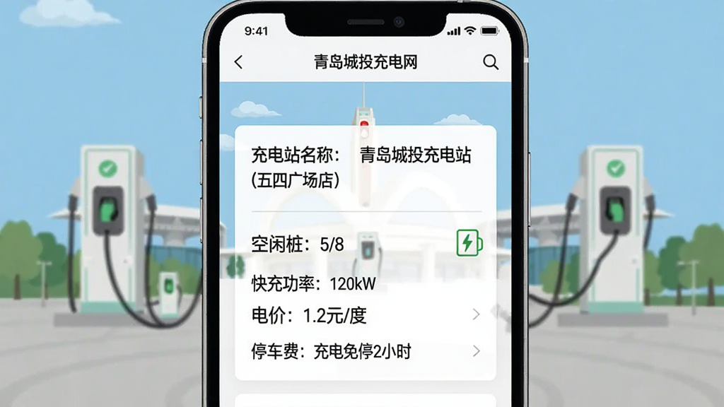 һ��չʾ�ൺ��Ͷ�����App���վ����ҳ���ֻ�����ͼ����Ļ����ʾһ�����վ����Ϣ��Ƭ�����������վ���ƣ��ൺ��Ͷ���վ�����Ĺ㳡�꣩��������׮��5/8������书�ʣ�120kW������ۣ�1.2Ԫ/�ȡ���ͣ���ѣ������ͣ2Сʱ����������Ϣ�����������Ĺ㳡�ر꽨��������ƽ����ƣ����ʸɾ����ࡣ