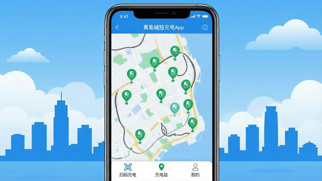 һ��չʾ�ൺ��Ͷ�����App���Ľ�����ֻ�����ͼ������������һ���ִ������ֻ�����Ļ��ʾApp��ҳ��ͼ���棬��ͼ�ϱ�ע�Ŷ����ɫ���վͼ�꣬�ײ���ʾ��ɨ���硱�����վ�����ҵġ�����������ť���������ൺ���м�Ӱ��������ƣ�������ִ�����ɫ��������Ϊ�������������ɾ����޶���Ԫ�ء�