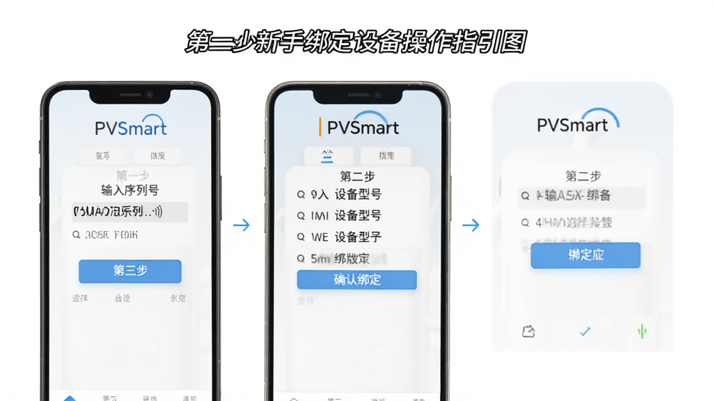 PVSmart ���ְ��豸����ָ��ͼ���ֻ���Ļ��ʾ�󶨲��裬��һ���������кţ��ڶ���ѡ���豸�ͺţ�������ȷ�ϰ󶨣�������