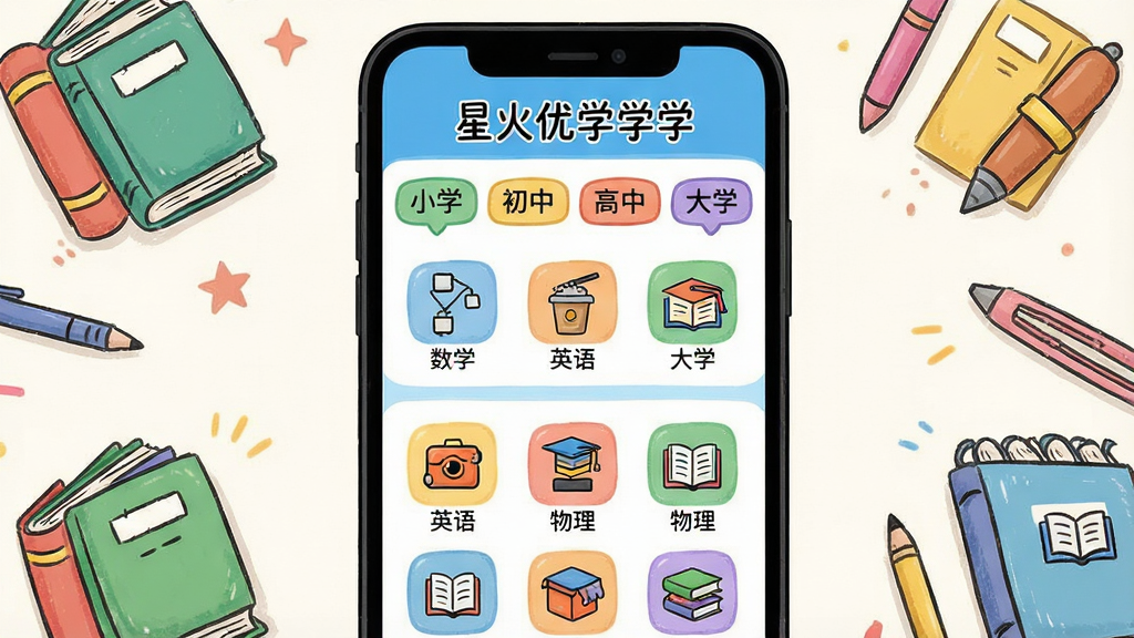 һ��չʾ�ǻ���ѧAppȫѧ��ѧϰ��Դ���ǵ���ϸͼƬ��������һ���ֻ���Ļ����Ļ����ʾ�Ų�ͬѧ�εķ����ǩ�硰Сѧ���������С��������С�������ѧ�����·���������ѧ��Ӣ�������ѧ�Ƶ�ͼ�꣬����Ϊ���½ṹ���Ϸ���ѧ��ѡ���·���ѧ�����񣬷��Ϊ��ͨ�ֻ�磬ϸ�ڰ�����ɫ���鱾���ľ�װ�Σ�����Ϊ2K���壬�ɾ��޶���Ԫ��