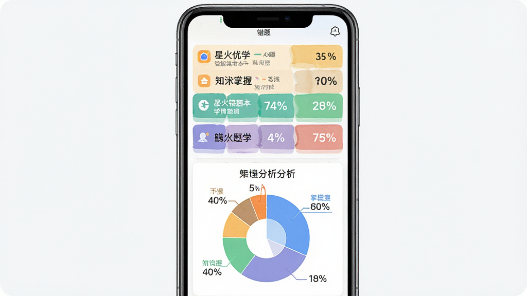 һ��չʾ�ǻ���ѧApp���ܴ��Ȿ��ѧ��������ܵ���ϸͼƬ��������һ���ֻ���Ļ����Ļ����ʾ�Ŵ����б��ͱ�״ͼ�������棬ͼ���б�ע�Ų�֪ͬʶ������հٷֱȣ�����Ϊ���½ṹ���Ϸ��Ǵ����б����·��Ƿ���ͼ�������Ϊ���ݿ��ӻ����ϸ�ڰ������������ֺͲ�ɫͼ���飬����Ϊ���壬�ɾ��޶���Ԫ��