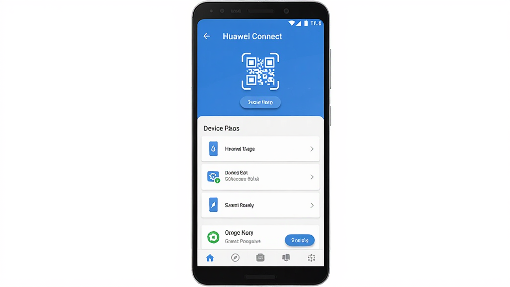 Huawei Connect �ֻ��˲�������ʾ��ͼ��������һ����׿�ֻ�����Ļ����ʾ Huawei Connect ������ҳ�棬�Ϸ���ɨ���ά���ͼ�꣬�м����豸�б����·��Ǵ����¼������Ϊ�����ֻ����棬�Ű���ϵ�������Ϊ��������������ڡ��豸�б����ײ����������Ϊ��ƽ����ƣ�����ɫ�Ͱ�ɫΪ��ɫ����ϸ���ϰ�ť������΢��Ӱ��ͼ��������ࡣ��������������ɾ����޶���Ԫ�ء�
