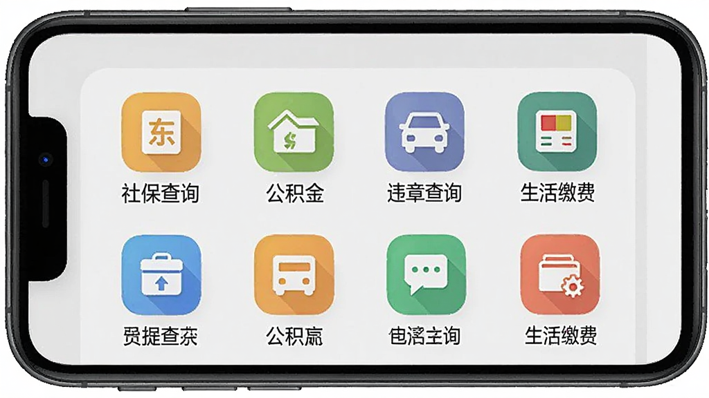 һ��չʾ��ʶ���App�������ҳ����ֻ�����ͼ���������ֻ���Ļ��ʾ��ʶ���ķ��������ͼ�����������š��籣��ѯ���������𡱡�Υ�²�ѯ��������ɷѡ�����ڣ�ÿ��ͼ���·������ı�ǩ������Ϊǳ��ɫ�����ֹ���������ƽ��������������������Ԫ��