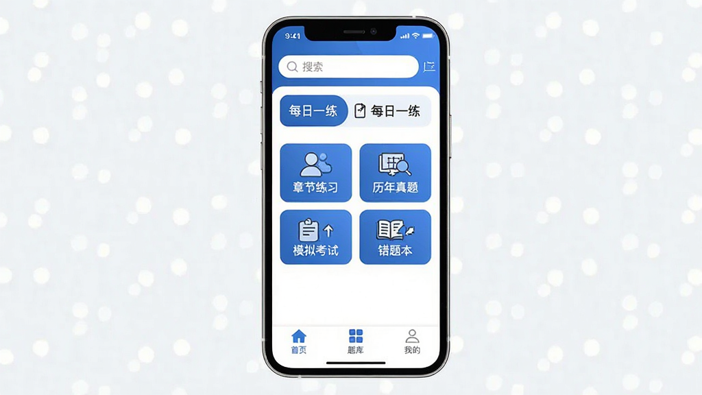 ����Э�����Ծ���� �ֻ�App������չʾ������Ϊһ�������ֻ���Ļ����Ļ����ʾ�����ҳ���֣��������������ÿ��һ����ڣ��м���ģ�黯���ܰ�ť�����½���ϰ���������⡢ģ�⿼�ԡ����Ȿ���ײ�������Ϊ��ҳ����⡢�ҵ�����ѡ�����������ɫ�Ͱ�ɫΪ��ɫ����������ִ���ƽ��������ɾ��޹�浯��������������ϸ��Բ���޶���Ԫ��