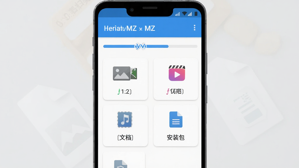 ������MZ�ļ�����ɨ�蹦��չʾ��������һ����׿�ֻ���Ļ��ʾ������MZ�ļ�Ӧ�õ��ļ�������棬������ɨ����������·���ͼƬ����Ƶ����Ƶ���ĵ�����װ���ȷ��࿨Ƭ��ÿ����Ƭ���ж�Ӧ��ͼ����ļ��������������������ɫ�������ˬ��������ǳ��ɫ�����ʸɾ��������޶���Ԫ�ء�