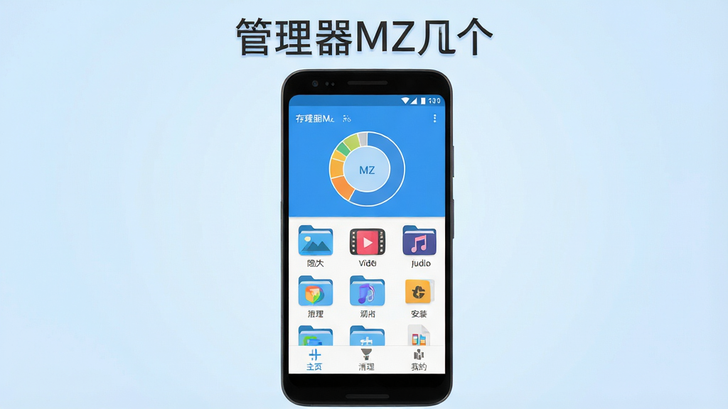 ������MZ�ļ�Ӧ��������ȫòչʾ������������һ����׿�ֻ���Ļ����Ļ�ϴ��Ź�����MZ�ļ�Ӧ�ã����涥����ʾ�ֻ��洢�ռ�ռ�û���ͼ���м��Ƿ����������ļ������񲼾֣�����ͼƬ����Ƶ����Ƶ���ĵ�����װ����ͼ�꣬�ײ�����ҳ���������ҵ�����ѡ����������������ɫ������ִ�����ƽ��ͼ��Բ�󣬻��ʸɾ��������޶���Ԫ�أ���Ļ�Ϸ������Ź�����MZ�ļ������֣������ǵ���ɫ���䡣