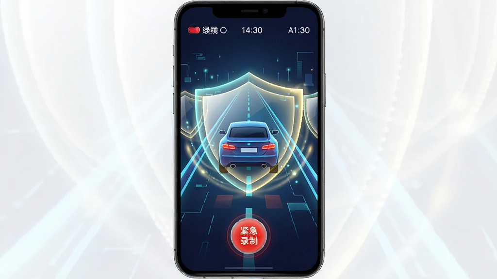 һ��չʾ���г����ܡ��ֻ�Ӧ���������ͼƬ������������һ��������ʻ�����ֻ���·�ϵĳ���ͼ�Σ���Χ�����Ŷ�����״�ķ�����Ч�����沼�ּ�࣬�Ϸ���ʾ¼��״̬��ʱ�䣬�·�����Ŀ�ĺ�ɫ����¼�ư�ť��������Ƽ��С���ȫ�ɿ������������ɾ����޶���Ԫ��