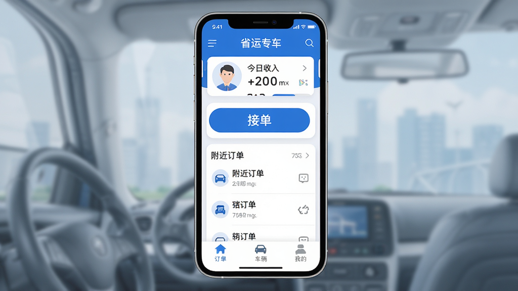 ʡ��ר��APP������ȫòչʾ�������������ֻ���Ļ����Ļ����ʾʡ��ר��˾������ҳ������Ϊ˾��ͷ��ͽ����������ݿ�Ƭ���м�����Ŀ�Ľӵ���ť�͸��������б����ײ�Ϊ�������������ҵ�����������ǩ�����岼��������������ɫΪ��������ִ���Լ��ƽ����ϸ��Բ�󣬻��ʸɾ��޶���Ԫ��
