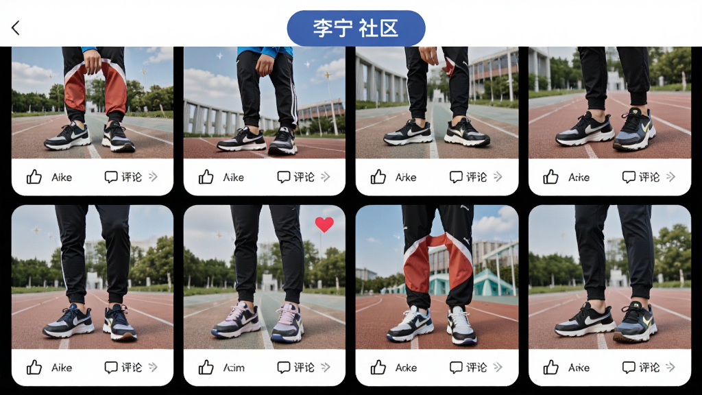 ����APP����ҳ�棬����չʾ�û����������˶������˶�Ь����Ƭǽ��ÿ��ͼƬ�·��е��޺�����ͼ�꣬�����С�������������ǩ�������ã������������޶���Ԫ��