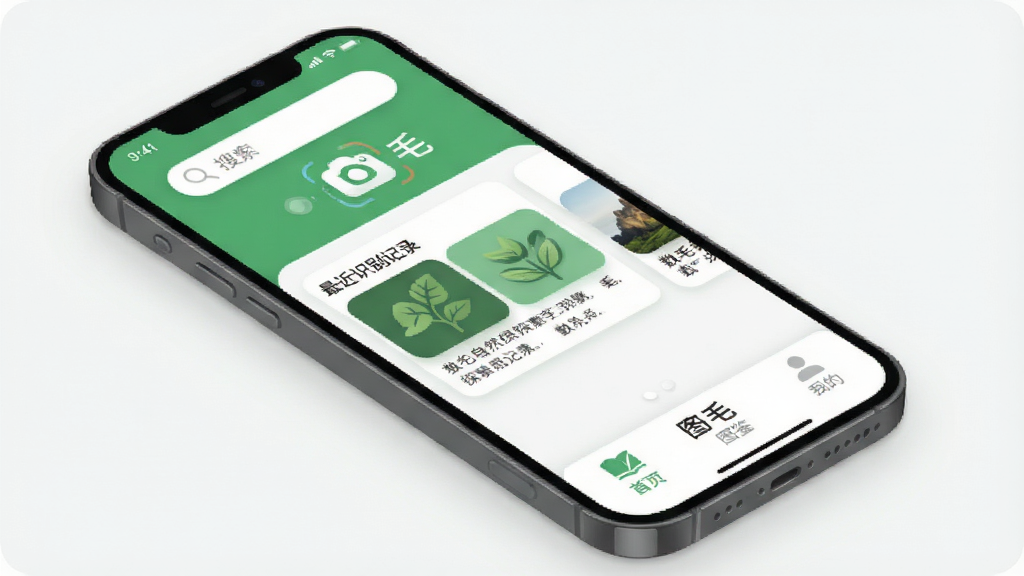 ��ë��Ȼ̽��ʶ�𹤾�App������ȫòչʾ���������ֻ���Ļ����ʾ�ż�����ɫ���ɫΪ��ɫ����Ӧ�ý��棬�����϶���������������ʶ��ť���м������ʶ���¼��Ƭ���ײ�Ϊ��ҳ��ͼ�����ҵ�����ѡ����Ű��������룬���Ϊ�ִ���ƽ����ƣ�ϸ��Բ����ͣ����ʸɾ��޶���Ԫ�أ���Ļ������Ϊ����ë����