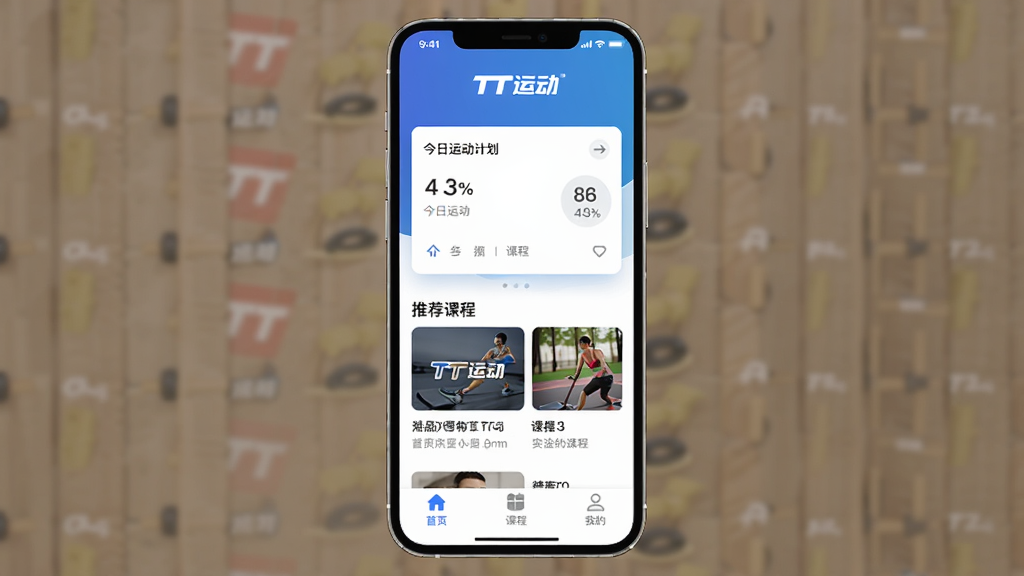 �ֻ���Ļ��ʾTT�˶�App�����棬������TT�˶���־���м��ǽ����˶��ƻ���Ƭ���Ƽ��γ��б����ײ�����������ҳ���γ̡��ҵ�����ѡ����������׽���ɫ������ƽ����Ʒ�񣬽���ɾ����࣬���������޶���Ԫ��