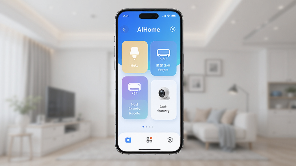 AIHome ���ܼҾӿ������࣬������һ�������ڻ���������ִ������ֻ�����Ļ��ʾ��AIHome��Ӧ����ҳ�����ְ��������ƹ⡢���ҿյ�����������ͷ�������豸��Ƭ���������׽�����ɫ���������Ƽ��У�ϸ��Բ�󣬻��ʸɾ����޶���Ԫ��