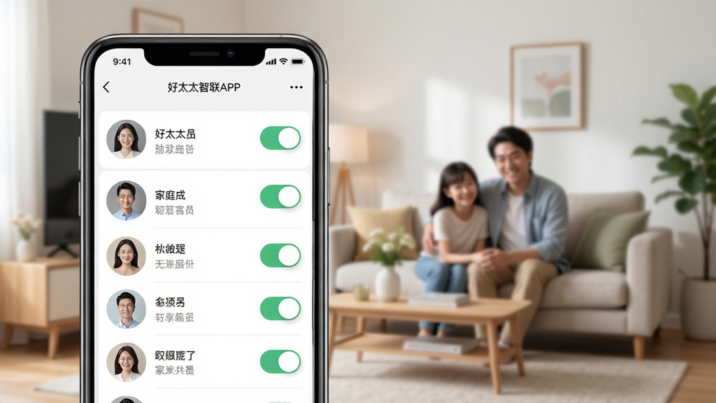 ��̫̫����APP�豸��������չʾ��������һ���ֻ���Ļ��ʾ��ͥ��Աͷ���б���Ȩ�޿��أ������Ǽ�ͥ����������������Ѻã�����������ϸ�ھ��£����ʸɾ��޶���Ԫ��