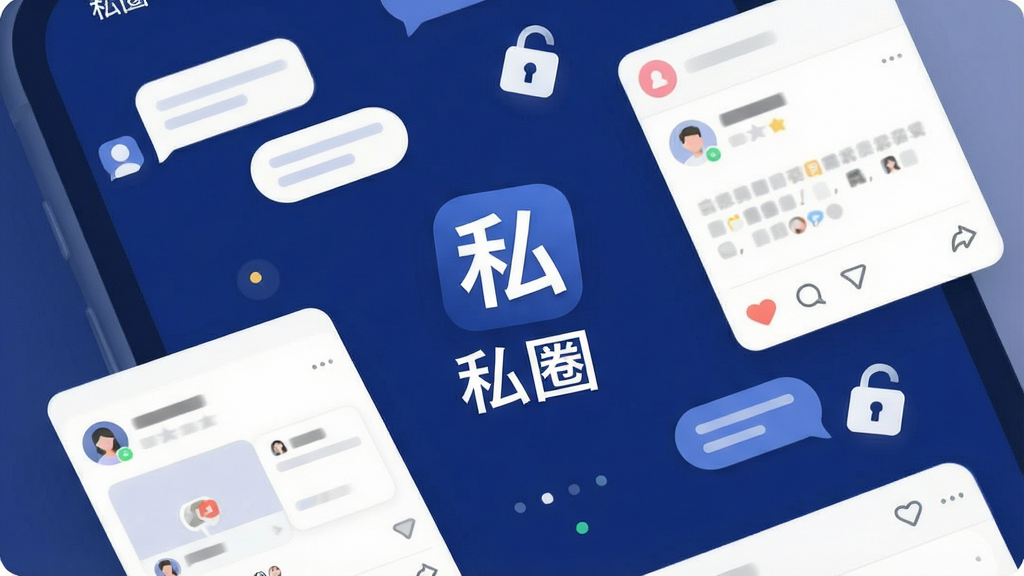 һ��չʾ��˽Ȧ��App���Ľ�����ֻ���Ļ��ͼ������������App��Logo�����ơ�˽Ȧ������Χ�������������ݡ�����Ȧ��̬��Ƭ������ͼ���Ԫ�أ����岼�ּ������������ִ���ƽ������ɫ��Ϊ�������ɫ���䣬ϸ��Բ����ͣ����ʸɾ��������޶���Ԫ�ء�