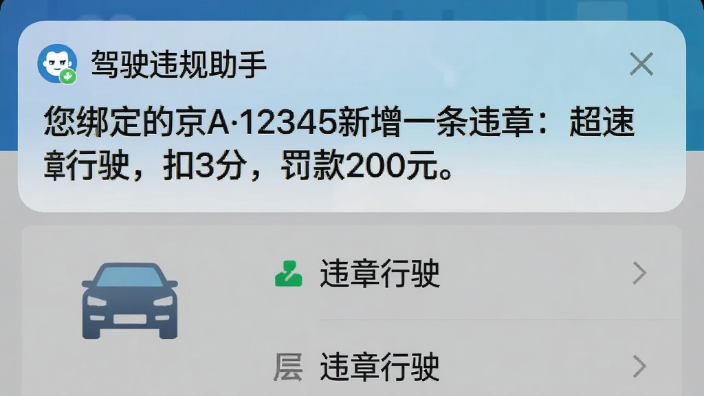 һ���ֻ�֪ͨ����ͼ����ʾ����ʻΥ�����֡����͵�һ��֪ͨ�������󶨵ľ�A12345����һ��Υ�£�������ʻ����3�֣�����200Ԫ����֪ͨ�·��������������汳�����г���ͼ���Υ���б���������дʵ�������������޶���Ԫ�ء�