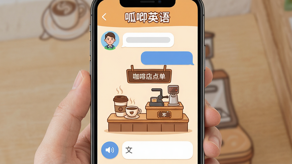 ����Ӣ���龰�Ի�ģ�⹦��չʾ��������һ���ֻ���ʾ�Ի����棬�Ϸ������ͷ��ͶԻ����ݣ��·����û��������밴ť��������ʾ����Ļ�м��С����ȵ�㵥���ĳ����廭���������ȱ�������̨��Ԫ�أ���ͨ���ɫ����ů�����ʸɾ������֡�����Ӣ���������Ļ�������޶���Ԫ��